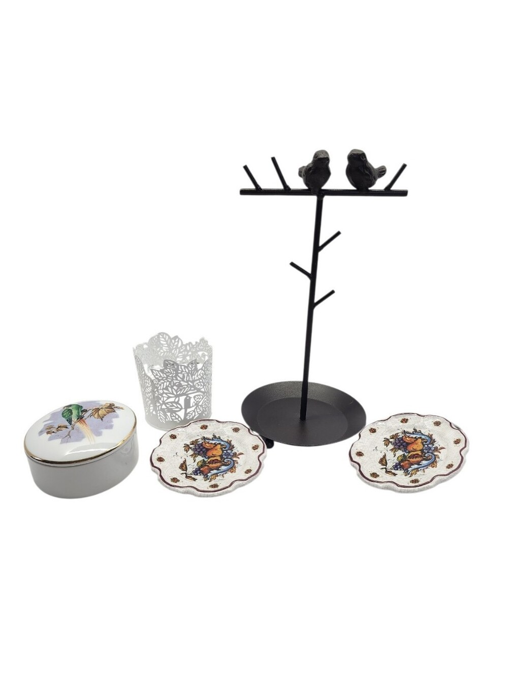 5pc Bird Decor & Vintage Organizer Set (Jewelry Tree, Trinket Dishes, Candle)